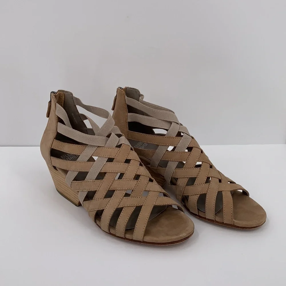 Eileen Fisher Oodle suede strappy gladiator sandal shoe tan cross cross wedge 7